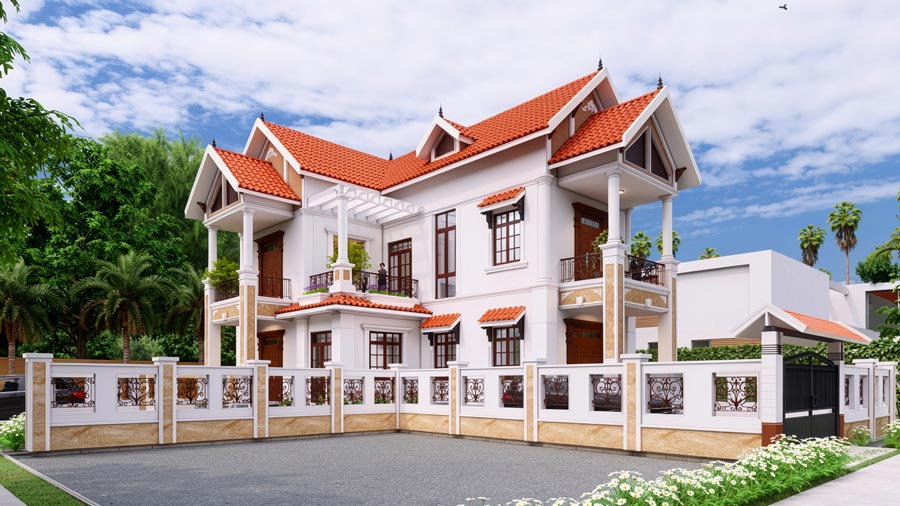 Mẫu nhà mái Thái 2 tầng 4 phòng ngủ chữ L
