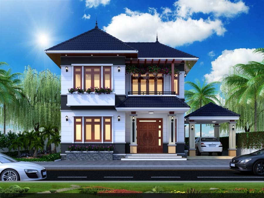 Mẫu nhà mái Thái 2 tầng 4 phòng ngủ có gara
