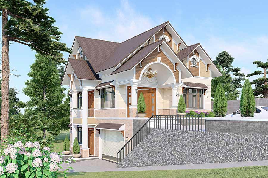Mẫu nhà mái Thái 2 tầng 4 phòng ngủ có gara