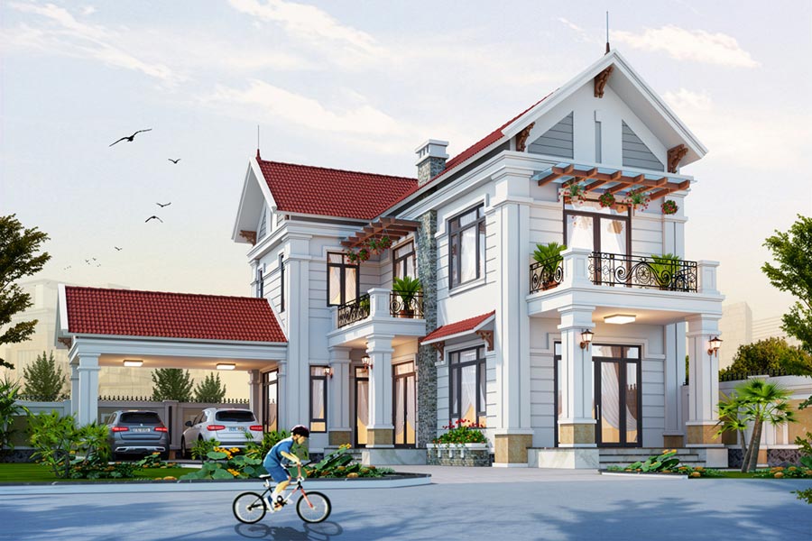 Mẫu nhà mái Thái 2 tầng 4 phòng ngủ có gara