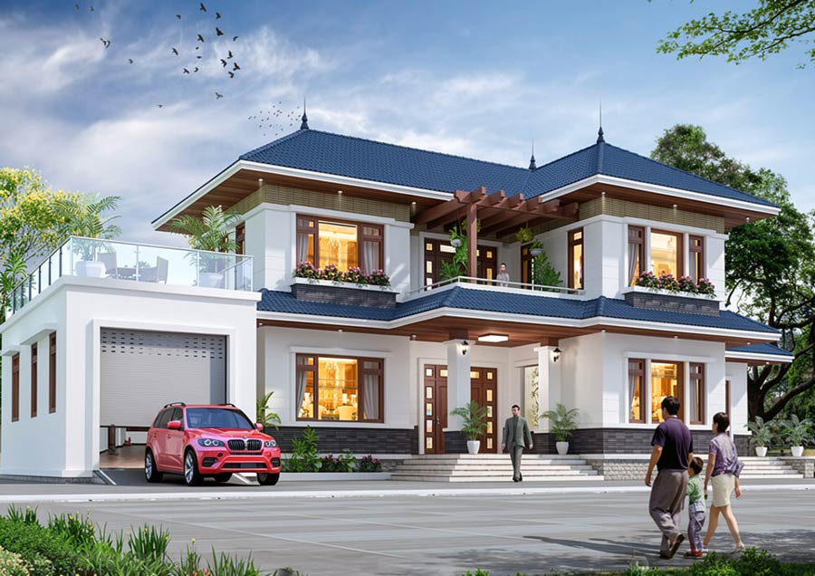 Mẫu nhà mái Thái 2 tầng 4 phòng ngủ có sân vườn