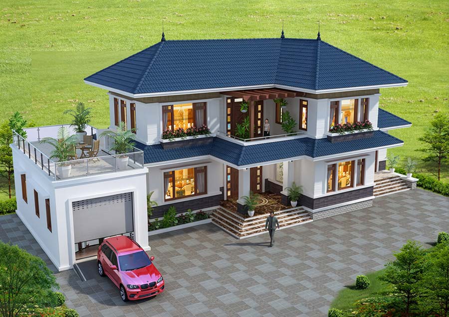 Mẫu nhà mái Thái 2 tầng 4 phòng ngủ có sân vườn