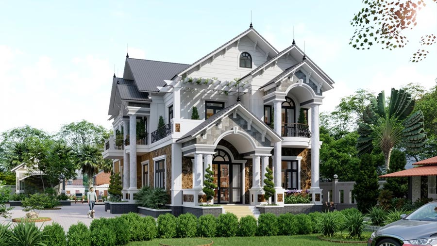 Mẫu nhà mái Thái 2 tầng 4 phòng ngủ có sân vườn