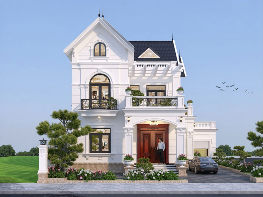 Mẫu nhà mái Thái 2 tầng 5 phòng ngủ chữ L