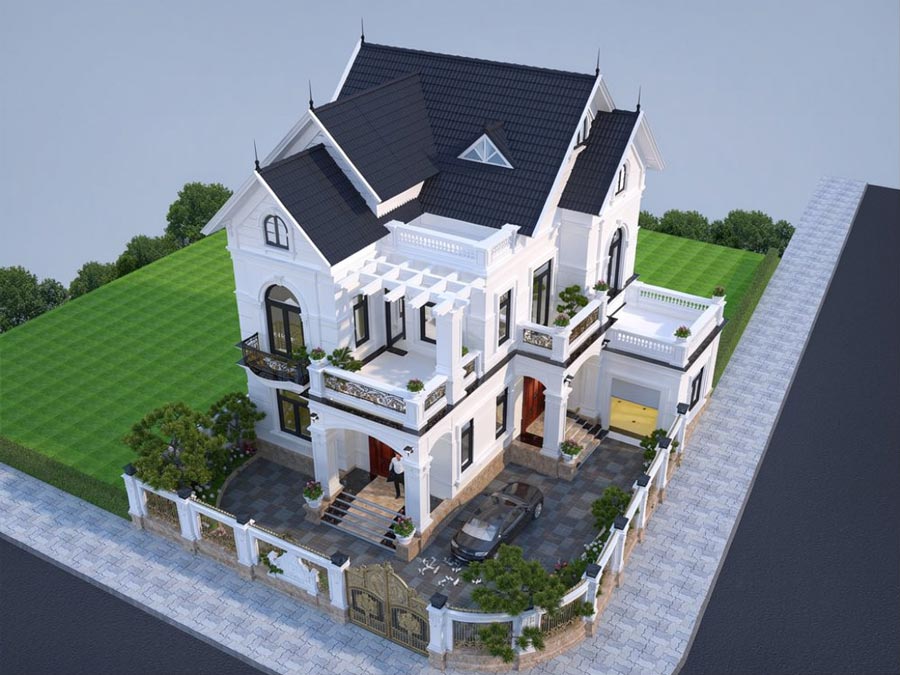 Mẫu nhà mái Thái 2 tầng 5 phòng ngủ chữ L
