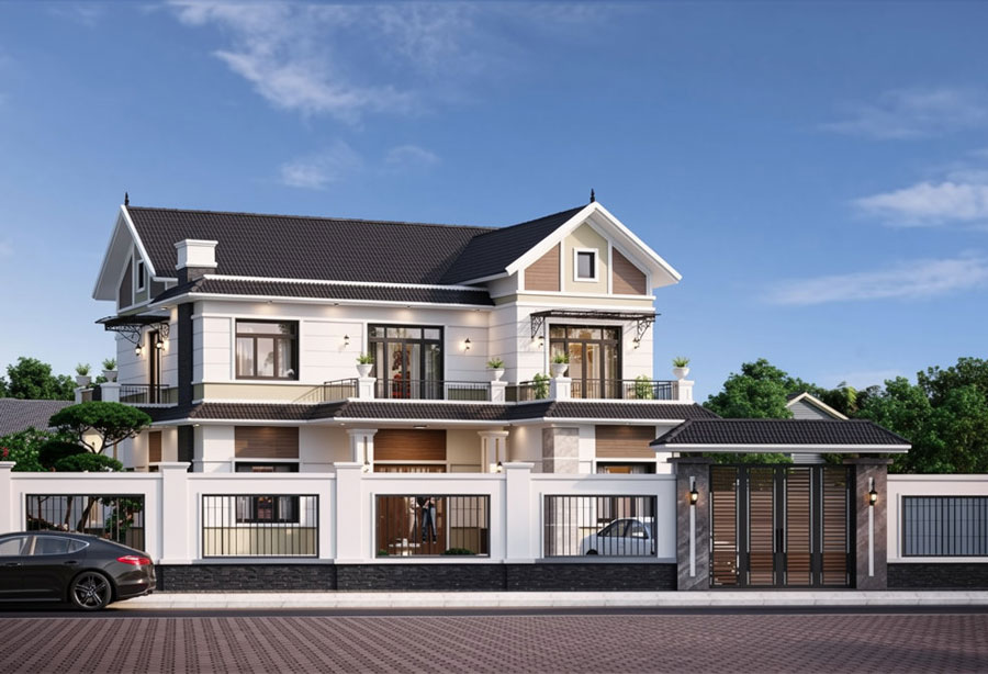 Mẫu nhà mái Thái 2 tầng 5 phòng ngủ chữ L