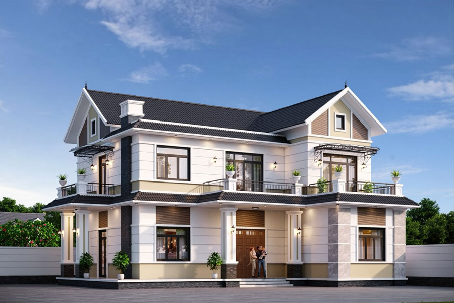 Mẫu nhà mái Thái 2 tầng 5 phòng ngủ chữ L