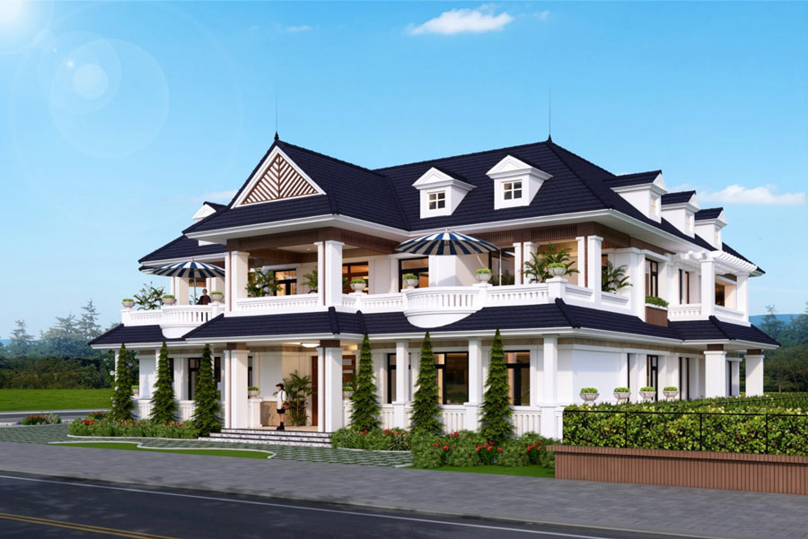 Mẫu nhà mái Thái 2 tầng 5 phòng ngủ hiện đại