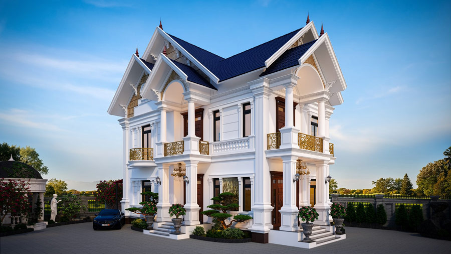 Mẫu nhà 2 tầng mái Thái mặt tiền 8m 3 phòng ngủ