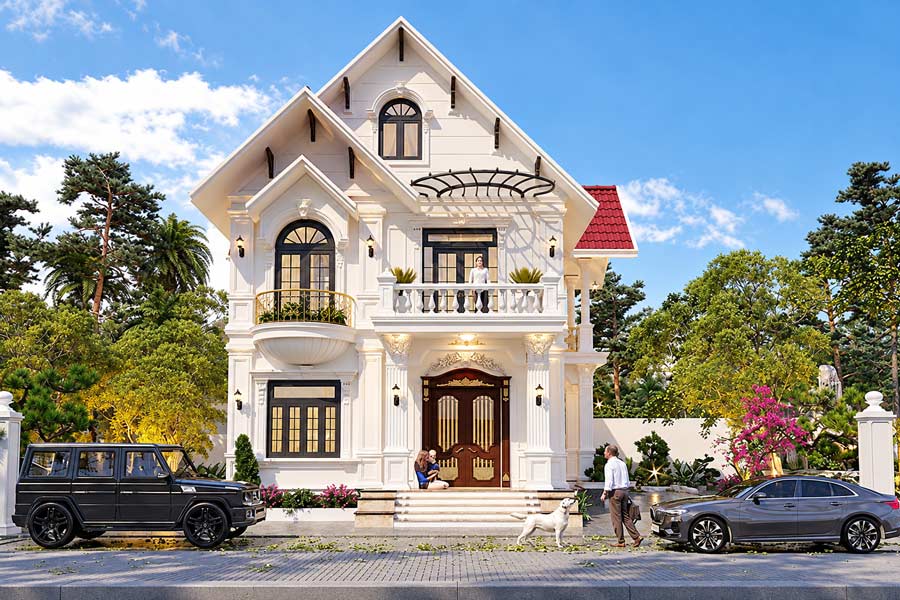 Mẫu nhà 2 tầng mái Thái mặt tiền 8m 4 phòng ngủ