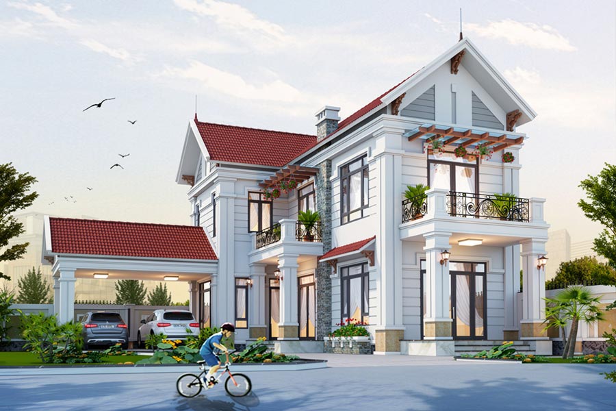 Mẫu nhà 2 tầng mái Thái mặt tiền 8m có gara