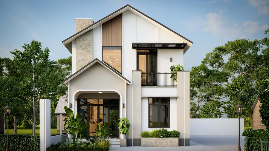Mẫu nhà mái Thái 2 tầng mặt tiền 8m hiện đại