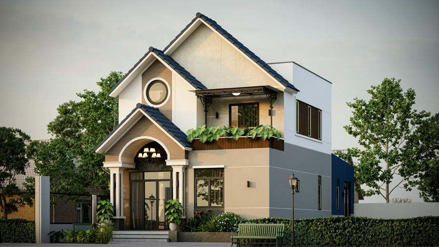 Mẫu nhà mái Thái 2 tầng mặt tiền 8m hiện đại