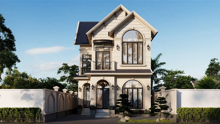 Mẫu nhà mái Thái 2 tầng mặt tiền 8m hiện đại