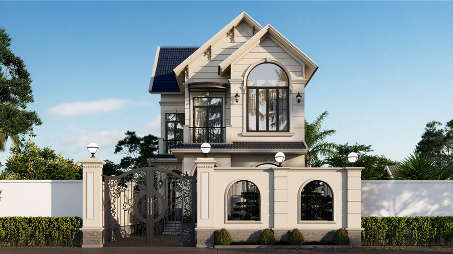 Mẫu nhà mái Thái 2 tầng mặt tiền 8m hiện đại