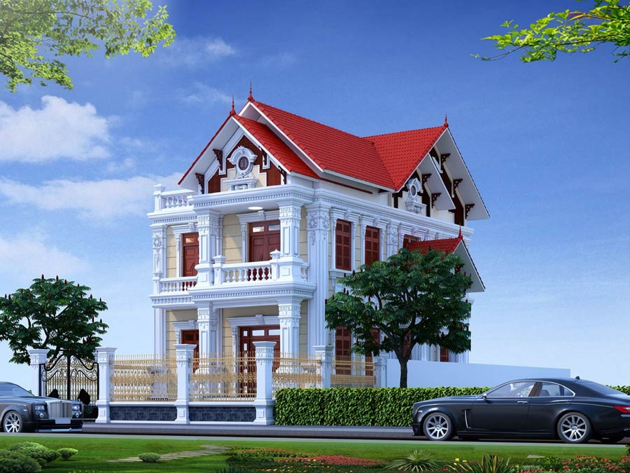 Mẫu nhà mái Thái 2 tầng mặt tiền 8m kiểu Pháp