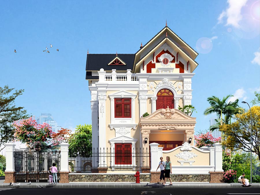 Mẫu nhà mái Thái 2 tầng mặt tiền 8m kiểu Pháp