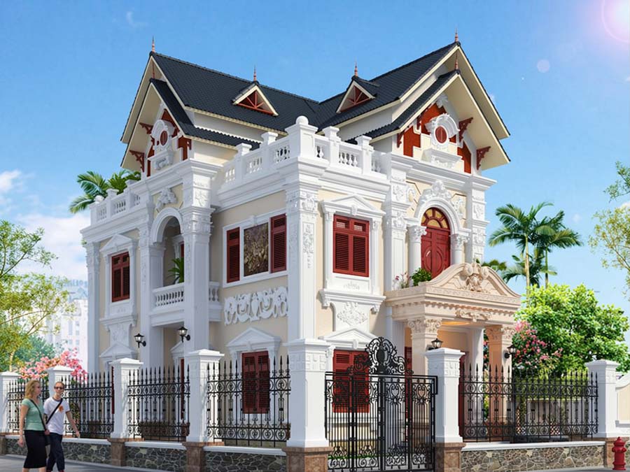 Mẫu nhà mái Thái 2 tầng mặt tiền 8m kiểu Pháp