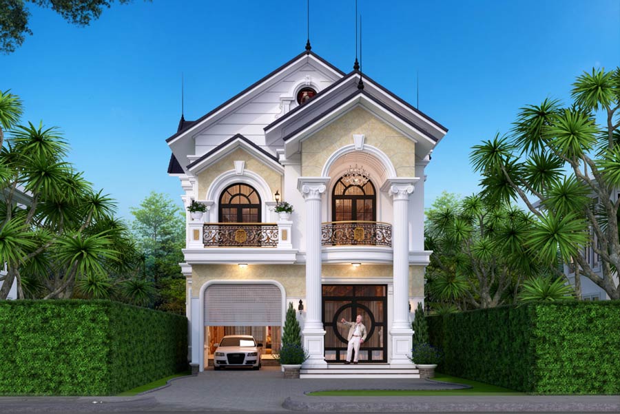 Mẫu biệt thự 2 tầng mái Thái tân cổ điển có gara ô tô