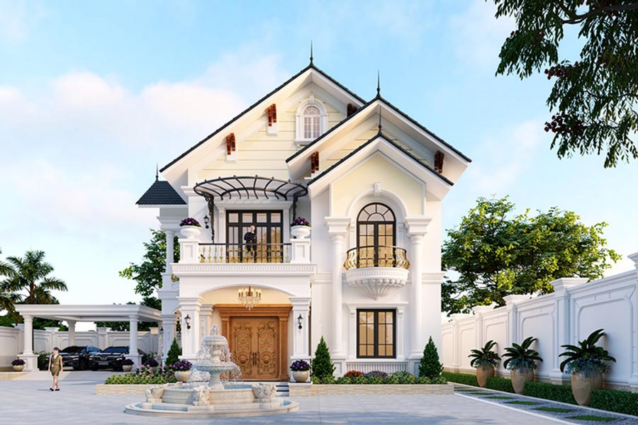 Mẫu biệt thự 2 tầng mái Thái tân cổ điển có gara ô tô