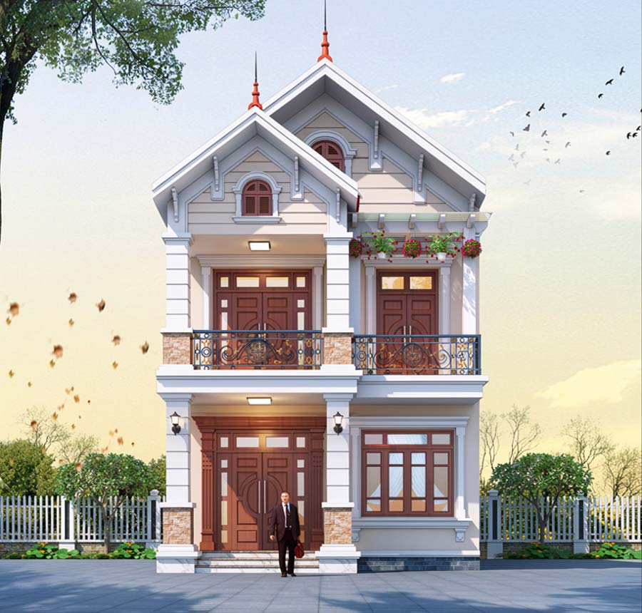 Mẫu nhà ống 2 tầng mái Thái mặt tiền 6m 3 phòng ngủ