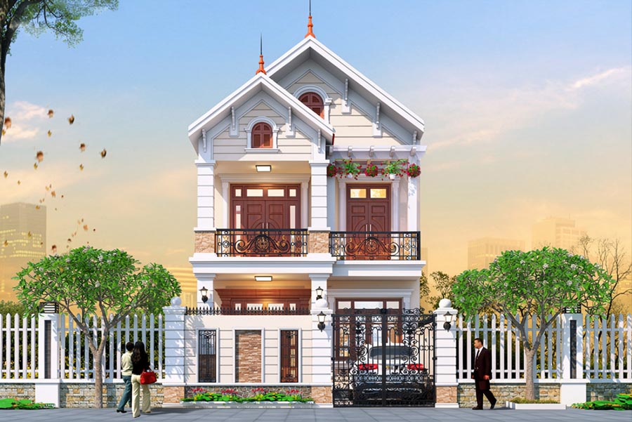 Mẫu nhà ống 2 tầng mái Thái mặt tiền 6m 3 phòng ngủ