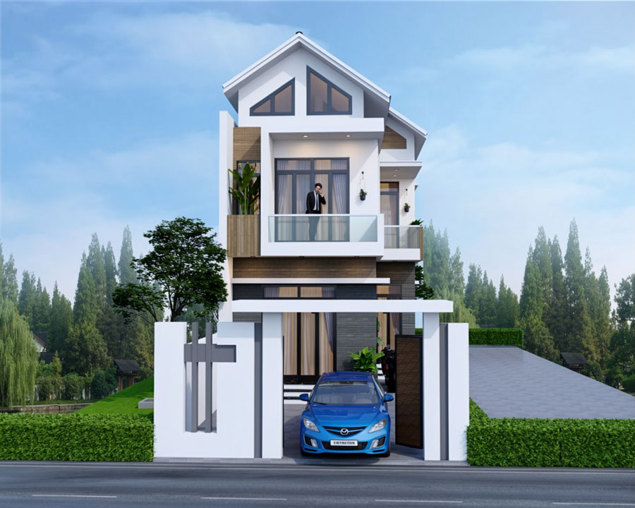 Mẫu nhà ống 2 tầng mái Thái 6m có gara