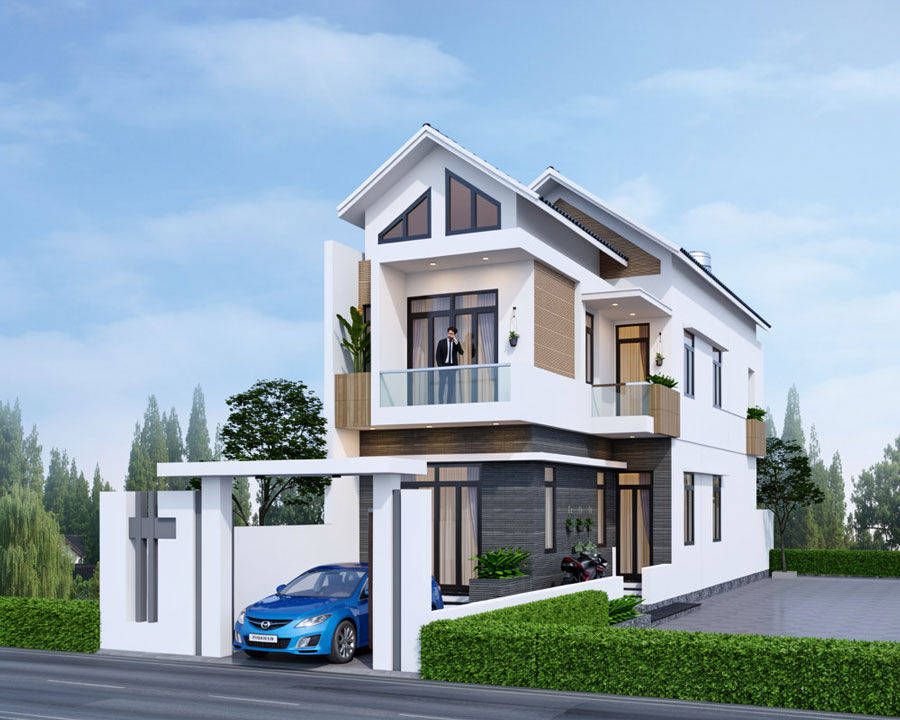 Mẫu nhà ống 2 tầng mái Thái 6m có gara