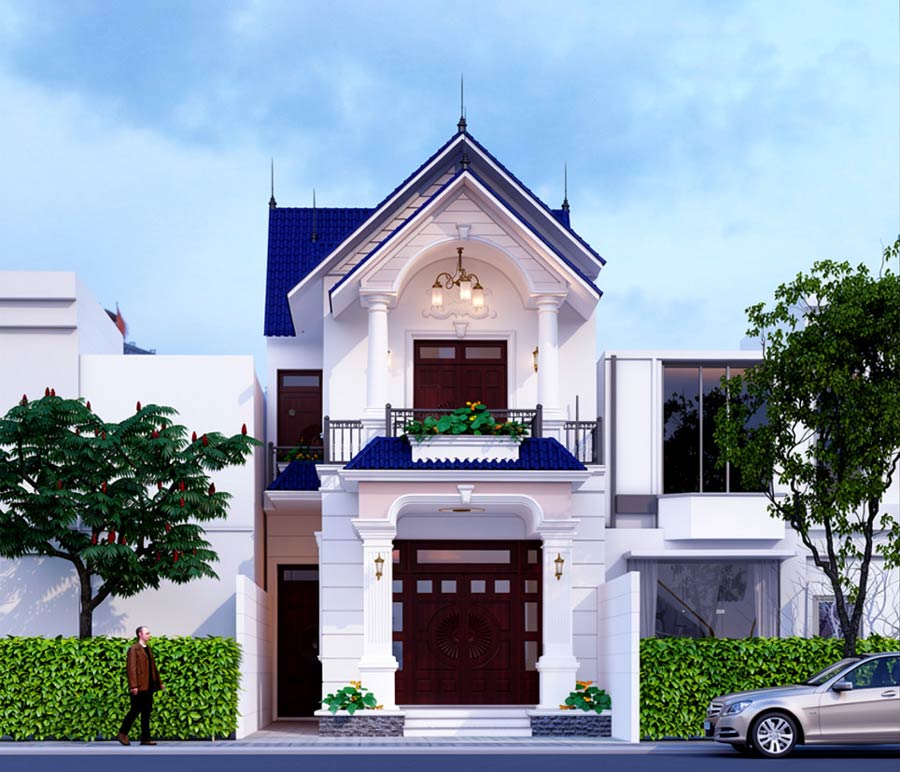 Mẫu nhà ống 2 tầng mái Thái mặt tiền 6m có giếng trời