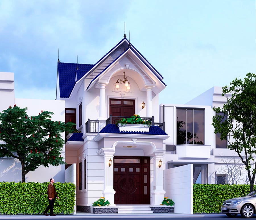 Mẫu nhà ống 2 tầng mái Thái mặt tiền 6m có giếng trời
