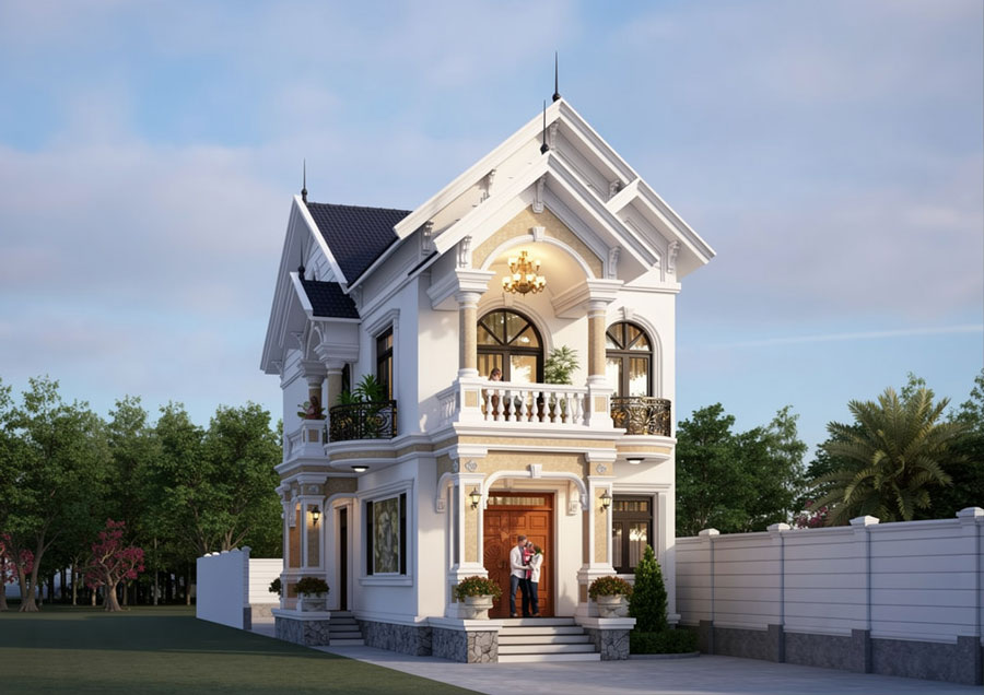 Mẫu nhà ống 2 tầng mái Thái mặt tiền 6m có sân trước
