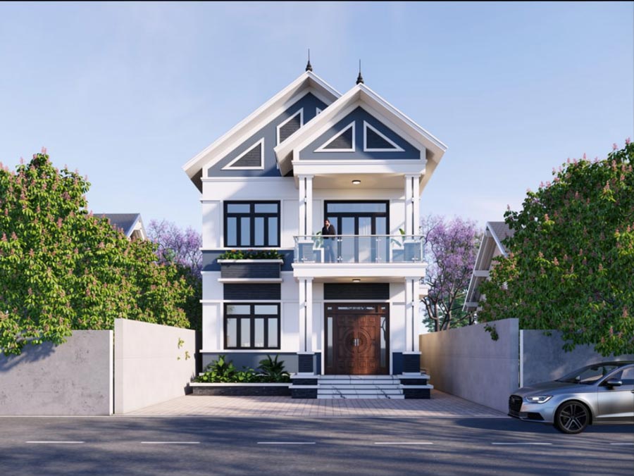 Mẫu nhà ống 2 tầng mái Thái mặt tiền 6m có sân trước