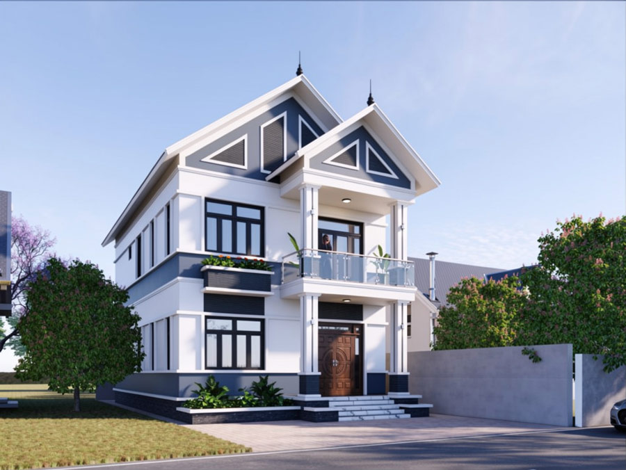 Mẫu nhà ống 2 tầng mái Thái mặt tiền 6m có sân trước
