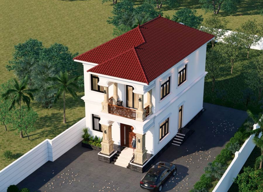 Mẫu nhà ống 2 tầng mái ngói đỏ đơn giản