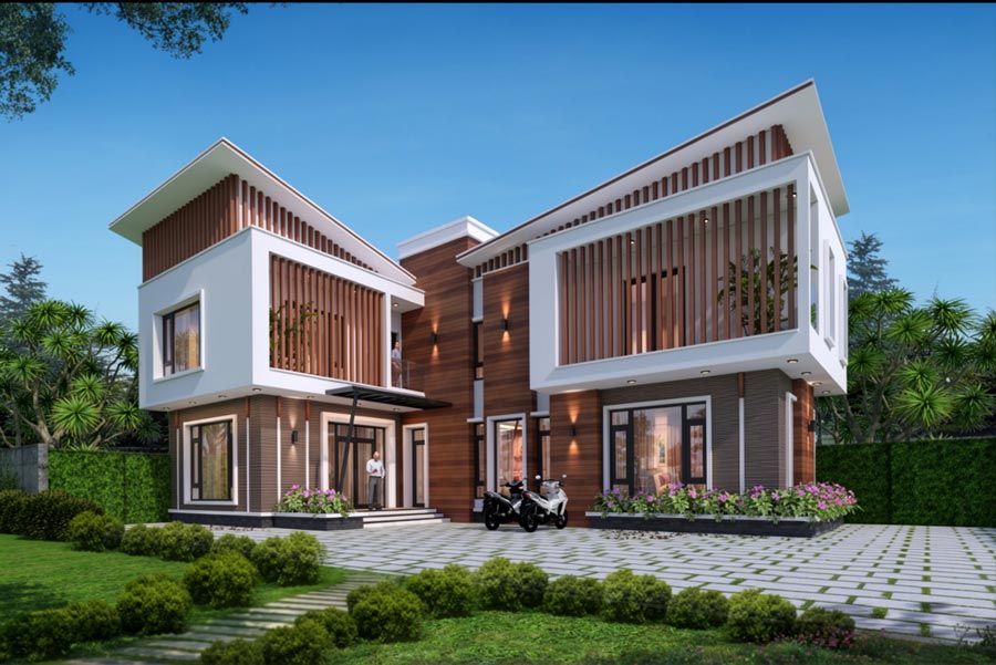 Mẫu nhà vườn 2 tầng chữ L 5 phòng ngủ