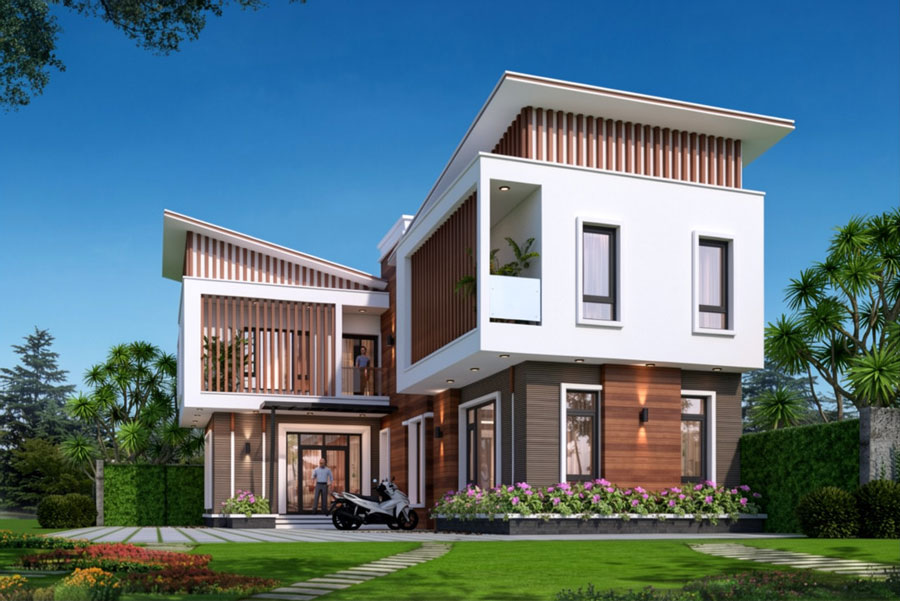 Mẫu nhà vườn 2 tầng chữ L 5 phòng ngủ