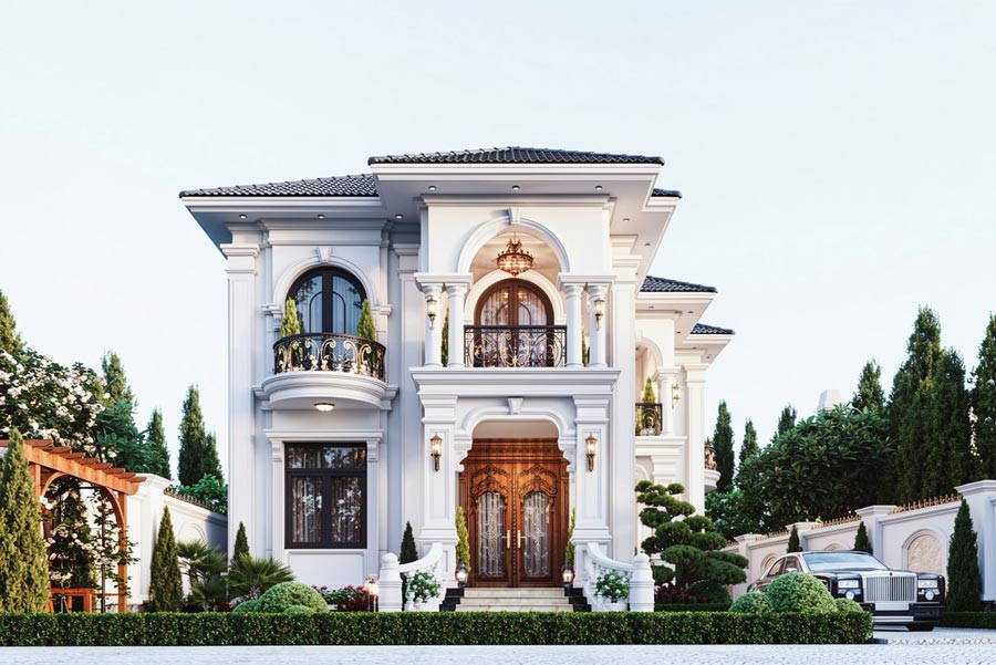 Mẫu nhà vườn 2 tầng chữ L 5 phòng ngủ