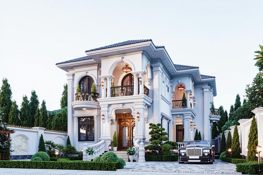 Mẫu nhà vườn 2 tầng chữ L 5 phòng ngủ
