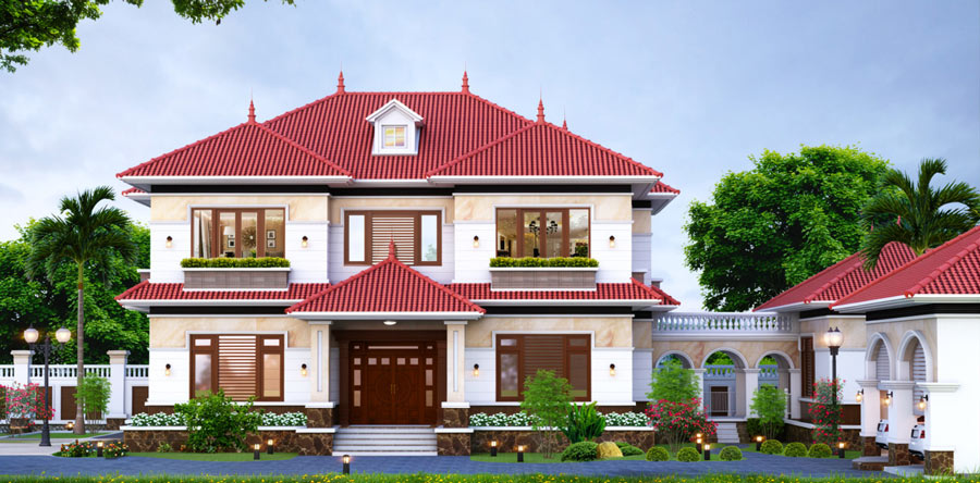 Mẫu nhà vườn 2 tầng mái ngói đỏ ở nông thôn
