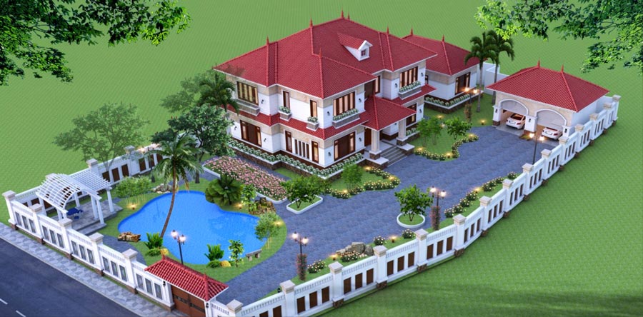 Mẫu nhà vườn 2 tầng mái ngói đỏ ở nông thôn