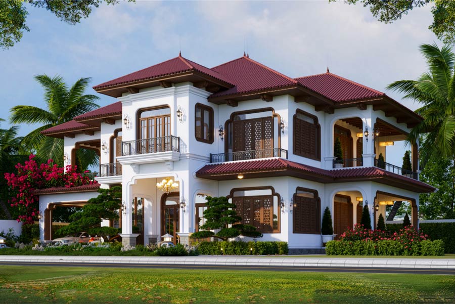 Mẫu nhà vườn 2 tầng mái ngói đỏ ở nông thôn