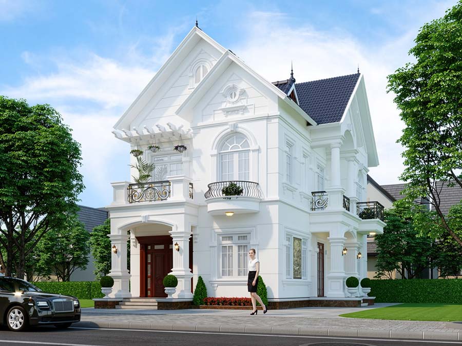 Mẫu nhà vuông 2 tầng mái Thái 4 phòng ngủ