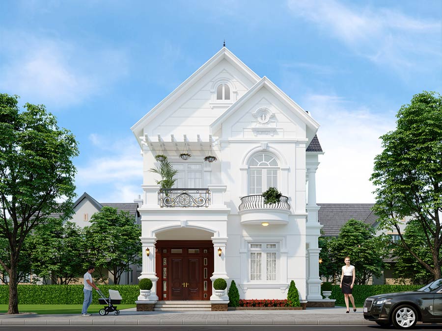 Mẫu nhà vuông 2 tầng mái Thái 4 phòng ngủ