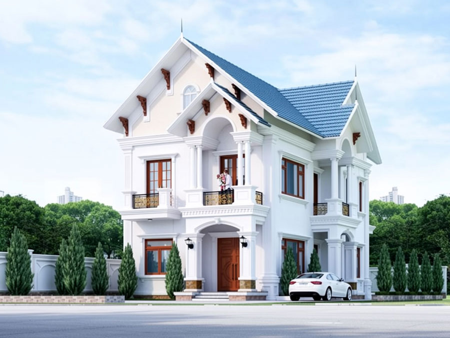 Mẫu nhà vuông 2 tầng mái Thái 4 phòng ngủ