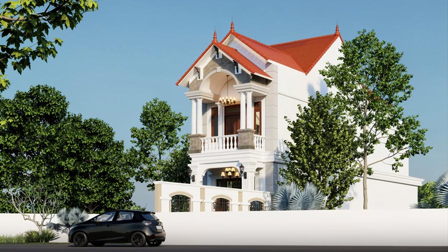 Mẫu nhà ống 2 tầng mái Thái mặt tiền 5m 3 phòng ngủ