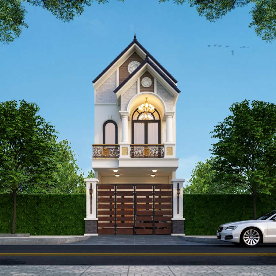 Mẫu nhà ống 2 tầng mái Thái mặt tiền 5m có gara