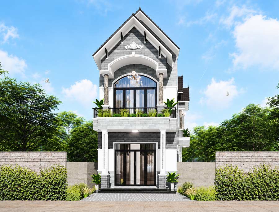 Mẫu nhà ống mái Thái 2 tầng 5m có giếng trời