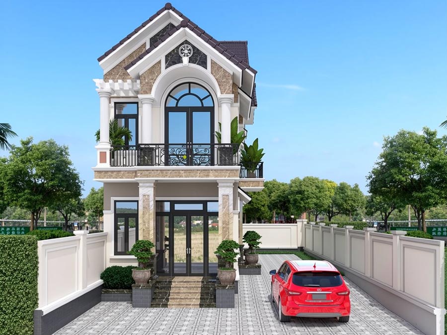Mẫu nhà ống mái Thái 2 tầng 5m có giếng trời