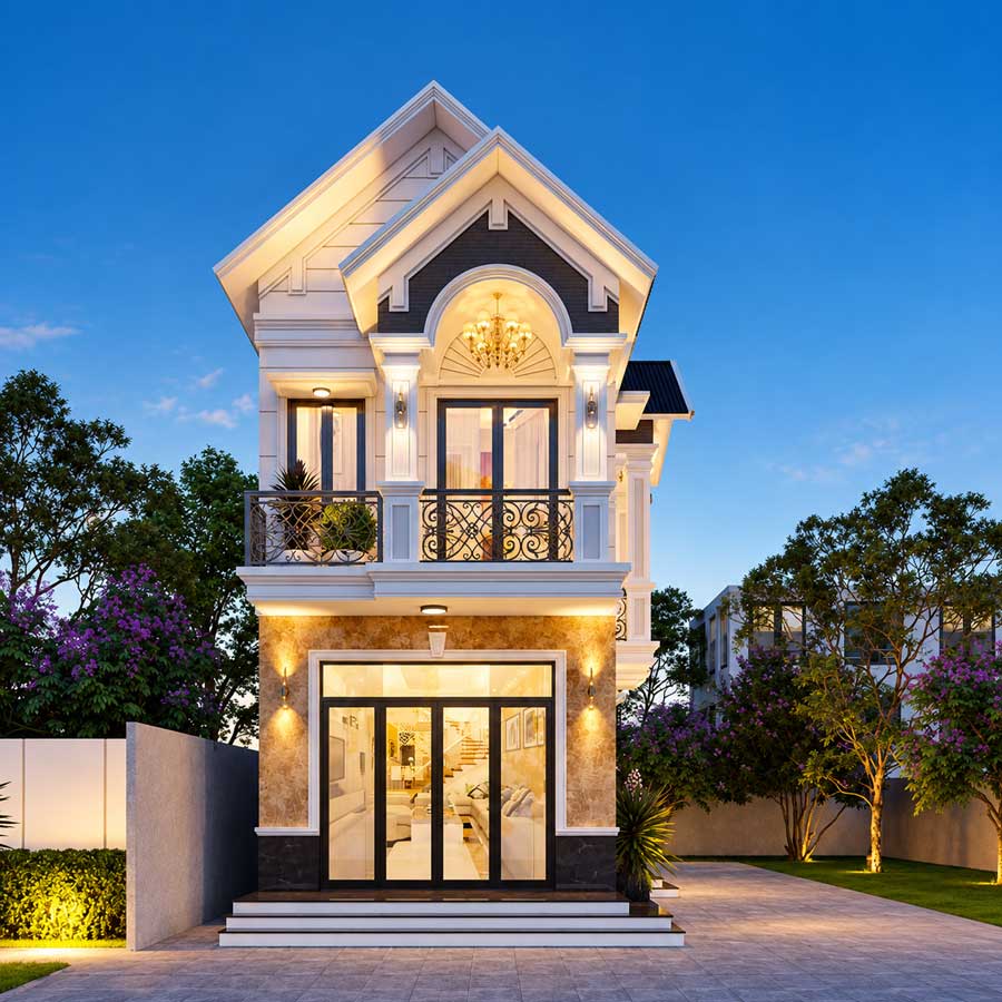 Mẫu nhà ống 2 tầng mái Thái mặt tiền 5m hiện đại