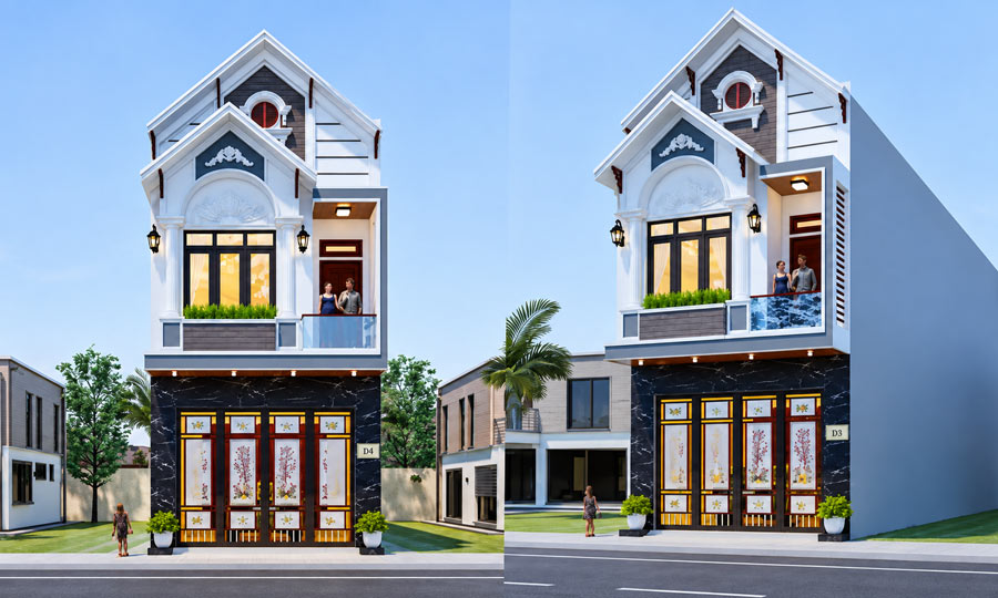 Mẫu nhà ống 2 tầng mái Thái mặt tiền 5m hiện đại